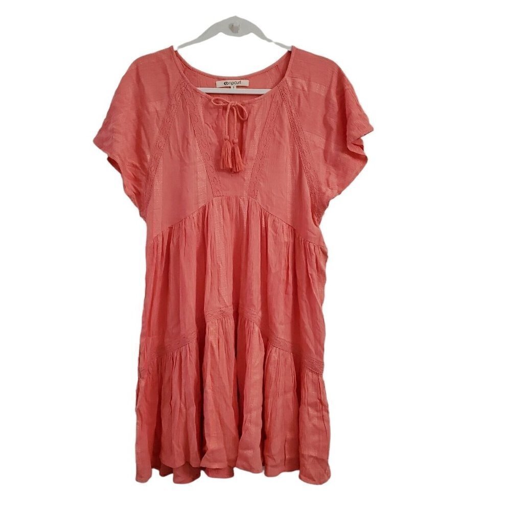 Rip Curl Womens Dress Small Coral Orange Boho Short Sleeve Tassel CrewNeck Tie